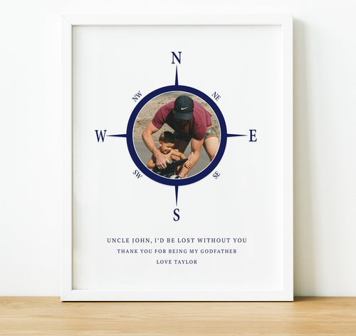 Personalised Godparent Gifts | Gifts for Godfather from Godchild |  We'd Be Lost Without You Compass image with photo inside and quote, thoughtful keepsake co