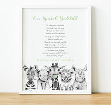 Load image into Gallery viewer, Christening Gifts for Godchild from Godparents, Personalised Poem Print with baby safari animals, Safari Nursery, thoughtful keepsake co
