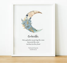 Load image into Gallery viewer, Christening Gifts for Godparents from Godchild | Boho Moon Print, thoughtful keepsake co
