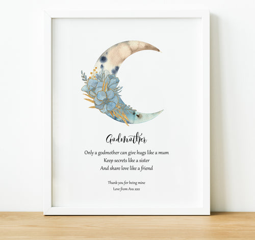 Christening Gifts for Godparents from Godchild | Boho Moon Print, thoughtful keepsake co