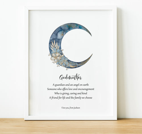 Christening Gifts for Godparents from Godchild | Boho Moon Print, thoughtful keepsake co