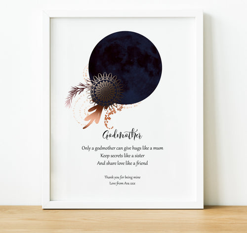 Christening Gifts for Godparents from Godchild | Boho Moon Print, thoughtful keepsake co