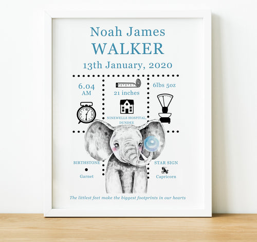 Elephant Baby stats sign, personalised new baby gifts, nursery wall art, naming Day Gifts, thoughtful keepsake co