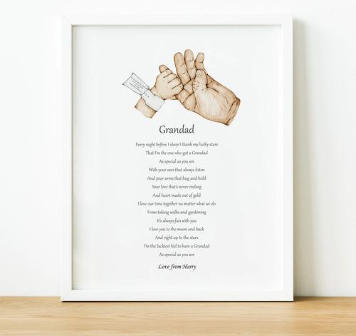 A lovely poem for grandparents from grandchildren. You can customise the wording however you like by using 'girl' if the gift is from a granddaughter, 'boy' if it's from a grandson and 'we' if it's from more than one grandchild. (See examples in images).  Sentences in the poem itself can be changed to your liking.  You can also personalise the print by adding the names of who the gift is from making this thoughtful gift a treasured keepsake.