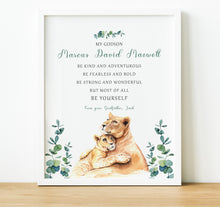Load image into Gallery viewer, Personalised Goddaughter Christening Gifts from Godmother | Godson Gift from Godfather | Adult and child lion image with poem for godchild from godparent | thoughtful keepsake co
