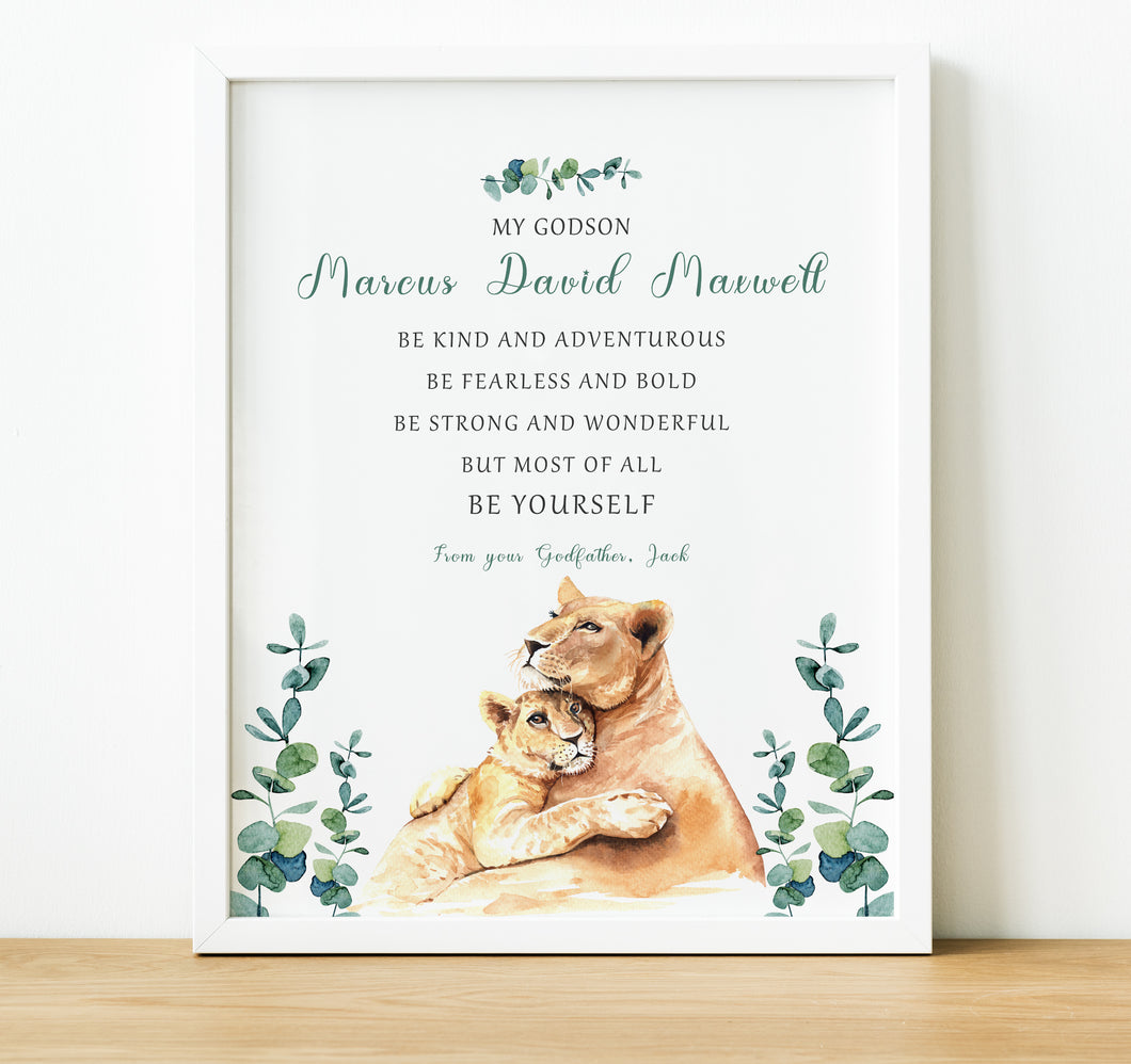 Personalised Goddaughter Christening Gifts from Godmother | Godson Gift from Godfather | Adult and child lion image with poem for godchild from godparent | thoughtful keepsake co