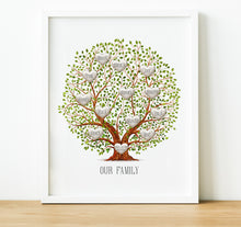 Load image into Gallery viewer, Personalised Family Print, My Family Tree with hearts representing each family member and a quote underneath. Thoughtful keepsake co
