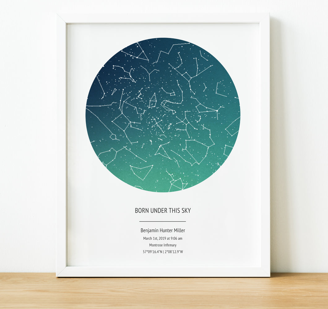 New Baby Naming Day Gifts, The night sky star map print, thoughtful keepsake co