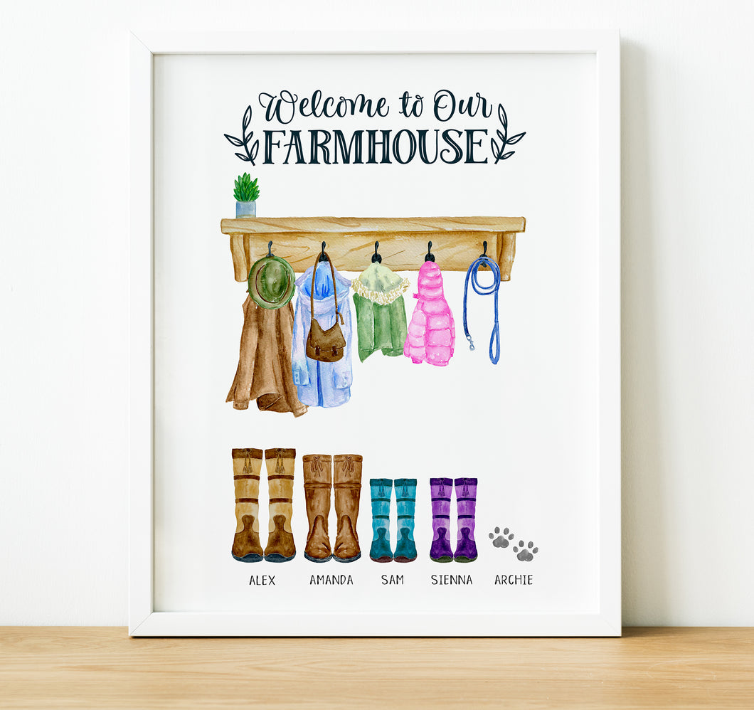 Personalised Family Print, Welcome to our Farmhouse Welly Boot Print, thoughtful keepsake co