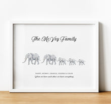 Load image into Gallery viewer, Personalised Family Print, grey Elephant Family walking in a line with names and a quote, thoughtful keepsake co
