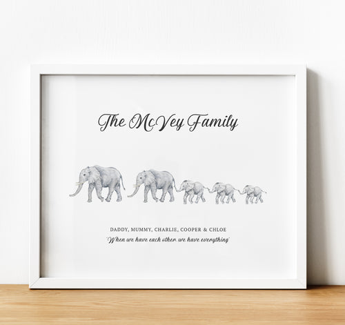 Personalised Family Print, grey Elephant Family walking in a line with names and a quote, thoughtful keepsake co