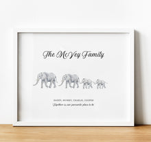 Load image into Gallery viewer, Personalised Family Print, grey Elephant Family walking in a line with names and a quote, thoughtful keepsake co
