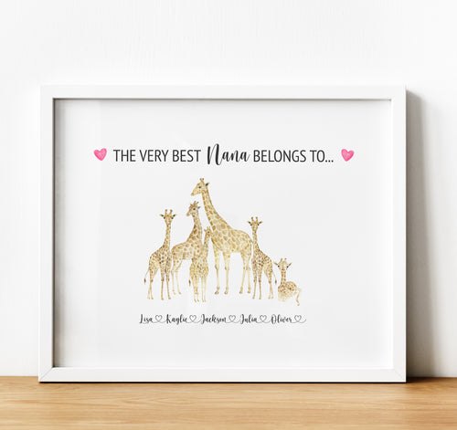 Personalised Family Print, giraffe Family Illustration Personalised Gift for Grandma, from Grandchildren, thoughtful keepsake co