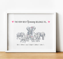 Load image into Gallery viewer, Personalised Family Print  Elephant Family Illustration Personalised Gift for Grandma, from Grandchildren, thoughtful keepsake co

