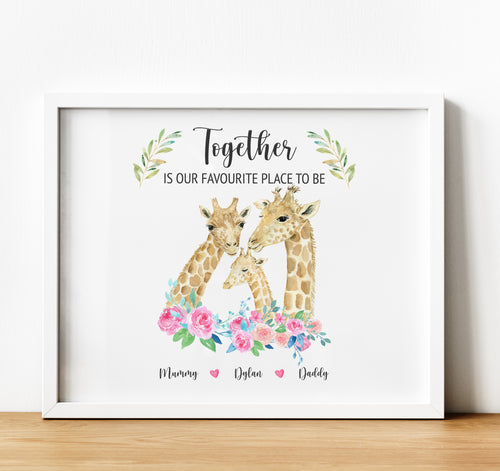 Personalised Family Print, Giraffe Family Together is our favorite place to be, Thoughtful Keepsake