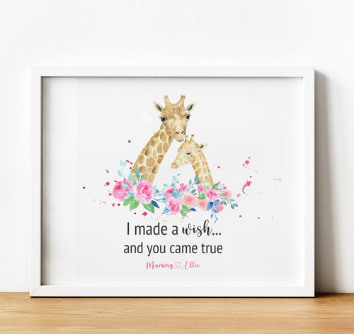 Personalised Family Print, Giraffe Family, we made a wish and you came true,  Thoughtful Keepsake