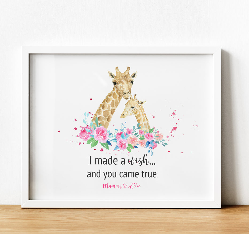 Personalised Family Print, Giraffe Family, we made a wish and you came true,  Thoughtful Keepsake
