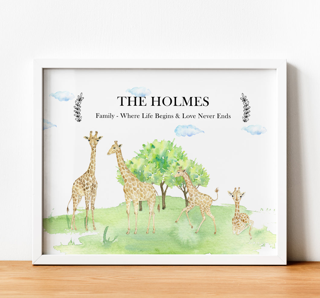 Personalised Family Print, Giraffe Family, Thoughtful Keepsake Co