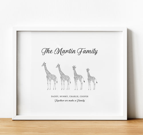 Personalised Family Print,  Giraffe family, for Families, thoughtful keepsake co
