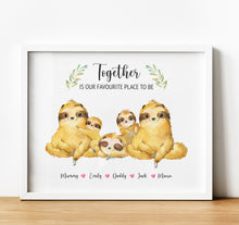 Load image into Gallery viewer, Personalised Family Print, Sloth Family Together is our favorite place to be, Thoughtful Keepsake
