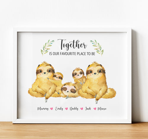 Personalised Family Print, Sloth Family Together is our favorite place to be, Thoughtful Keepsake