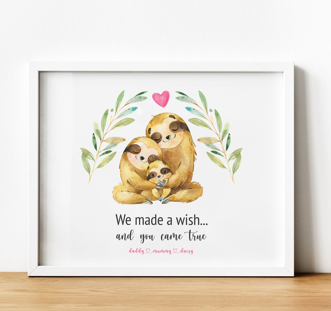 Personalised Family Print, Sloth Family, we made a wish and you came true,  Thoughtful Keepsake
