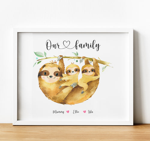 Personalised Family Print, Sloth Family,  Thoughtful Keepsake