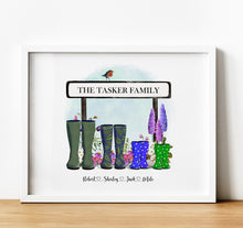 Load image into Gallery viewer, Personalised Family Print, Welly boot family, housewarming Gift, Family Name Wall Art, thoughtful keepsake co (1)

