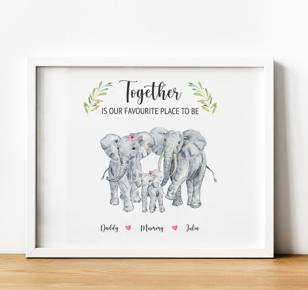 Personalised Family Print, Elephant Gift, Together is our favorite place to be, Thoughtful Keepsake