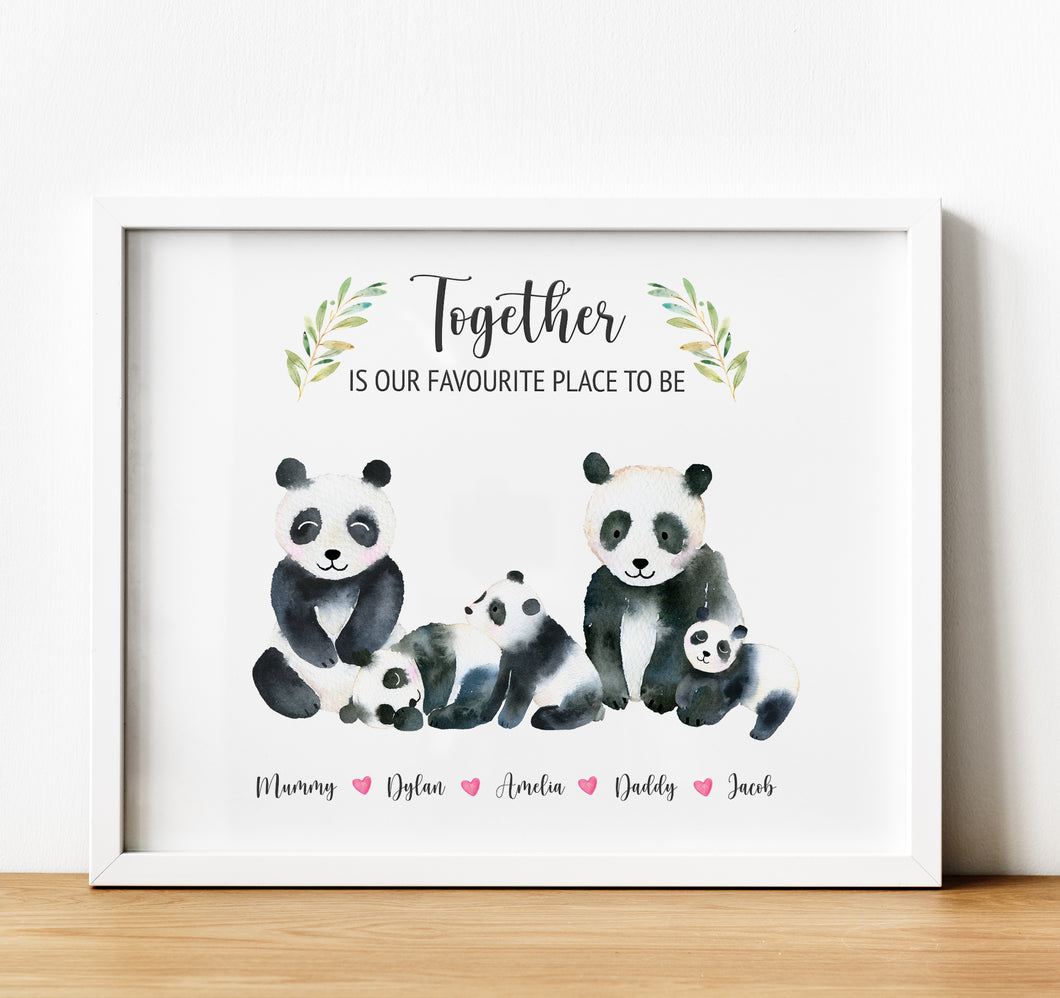 Personalised Family Print, panda family, Together is our favorite place to be, Thoughtful Keepsake