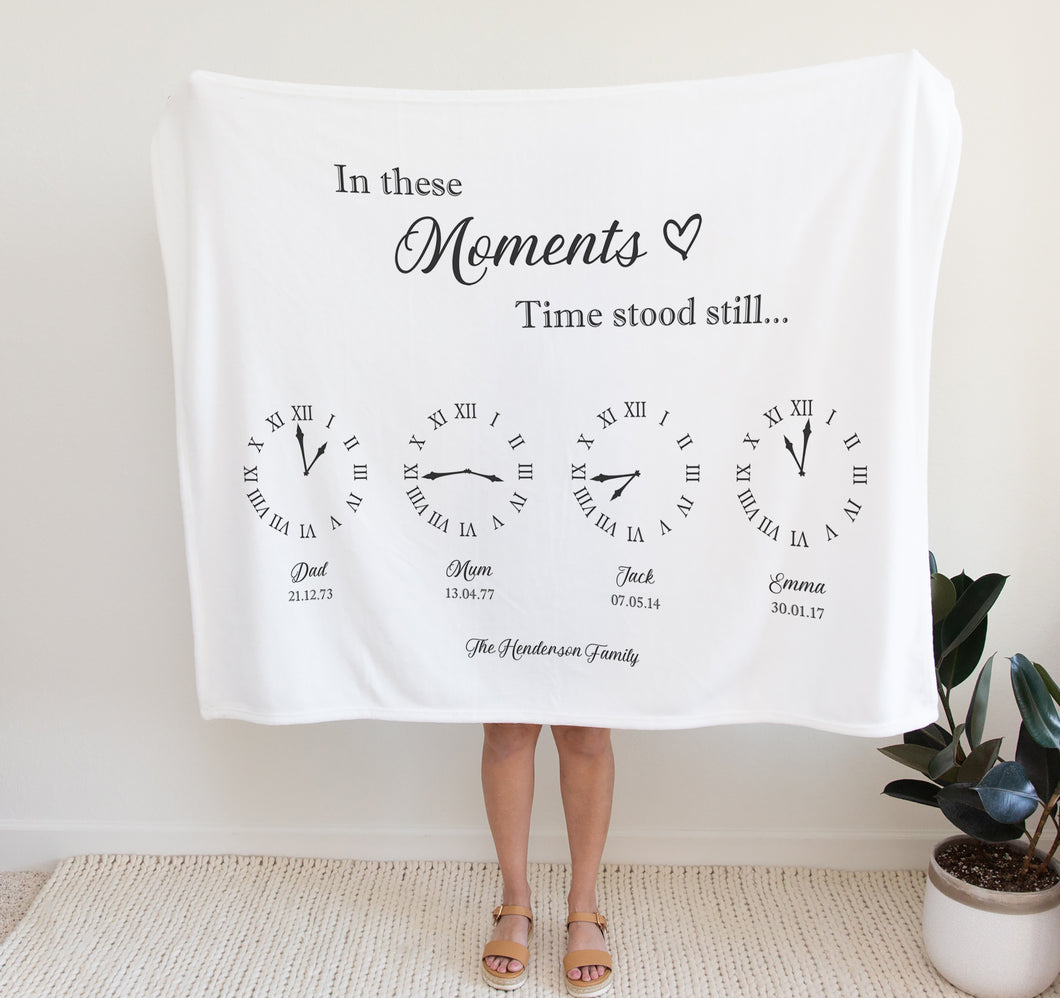 Personalised Fleece Blanket  In These Moments Time Stood Still Family Clocks