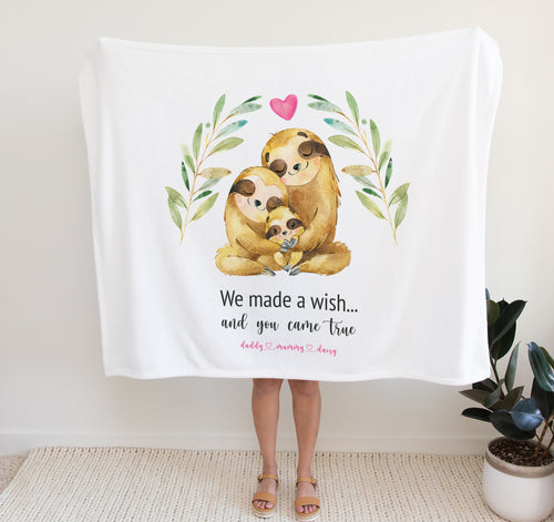 Personalised Fleece Blanket | Sloth Family Personalised New Baby Gifts