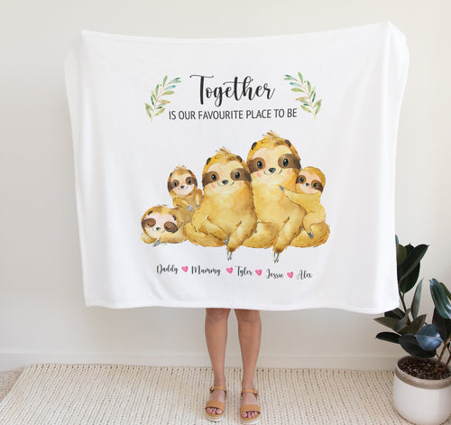 Personalised Fleece Blanket | Sloth Family | Together is Our Favourite Place To Be