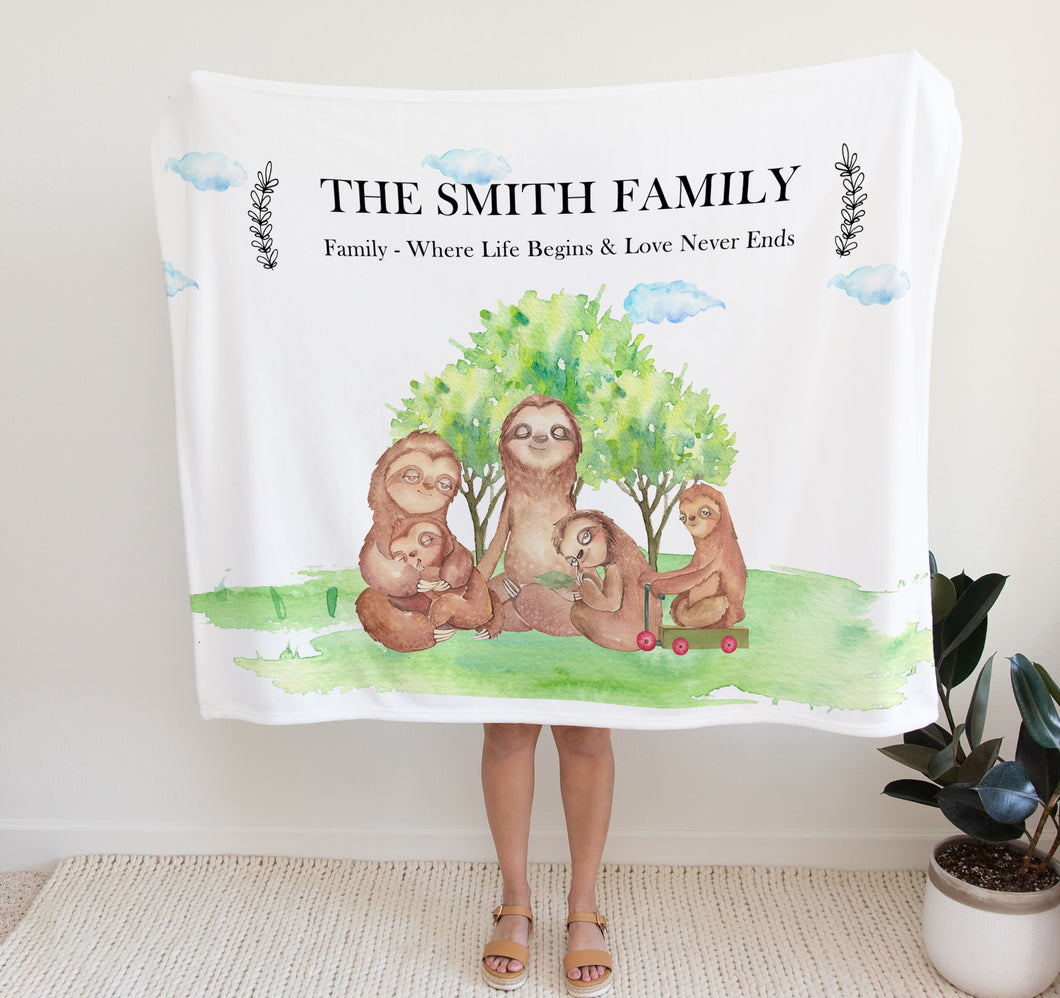 Personalised Fleece Blanket, Sloth Family, thoughtful keepsake co, personalised gift ideas