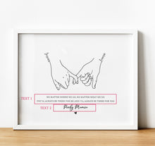 Load image into Gallery viewer, personalised print with lineart in the shape of two hands making a &#39;pinky &#39;promise symbol. Add a quote and personal message making them meaningful friendship gifts.
