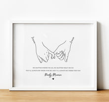 Load image into Gallery viewer, personalised print with lineart in the shape of two hands making a &#39;pinky &#39;promise symbol. Add a quote and personal message making them meaningful friendship gifts.

