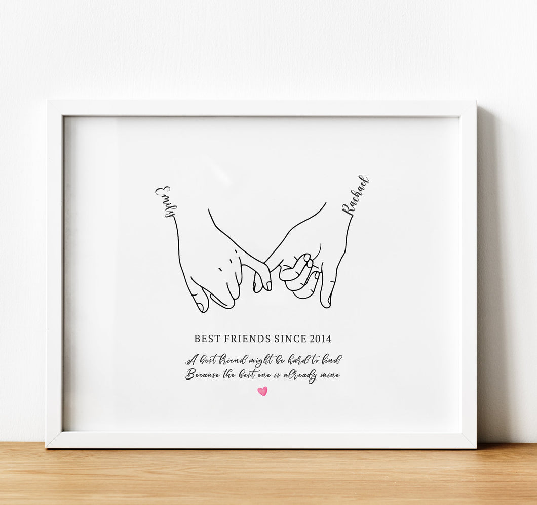 personalised print with lineart in the shape of two hands making a 'pinky 'promise symbol. Add a quote and personal message making them meaningful friendship gifts.