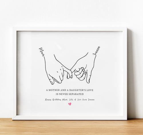 personalised gift for mum from her daughter. A line art print in the shape of two hands making a 'pinky 'promise symbol. Add a quote and personal message