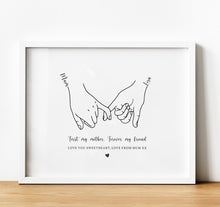 Load image into Gallery viewer, personalised gift for mum from her daughter. A line art print in the shape of two hands making a &#39;pinky &#39;promise symbol. Add a quote and personal message
