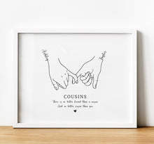 Load image into Gallery viewer, personalised gift for auntie.  A line art print in the shape of two hands making a &#39;pinky &#39;promise symbol. Add a quote and personal message
