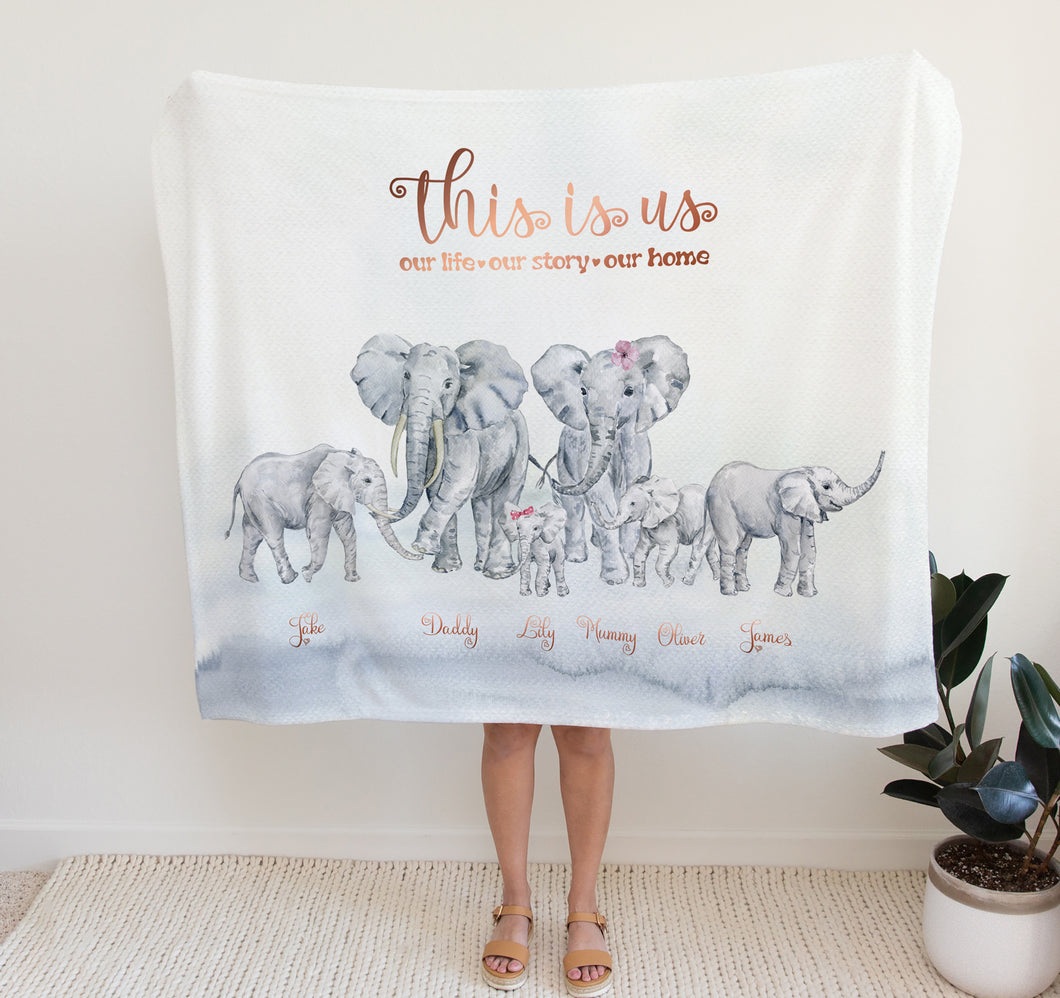 personalised fleece blanket, elephant family, thoughtful keepsake co