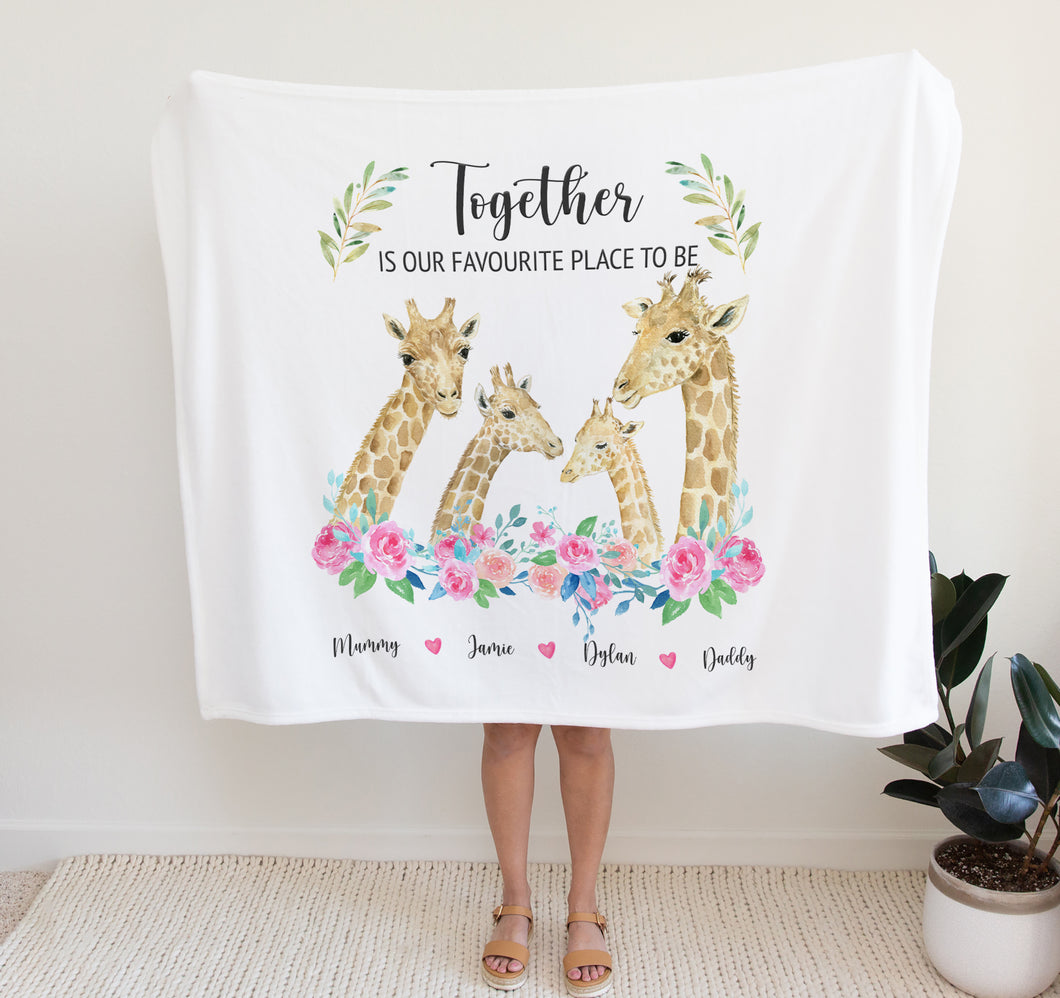  personalised fleece blanket, giraffe family, Together is Our Favourite Place To Be