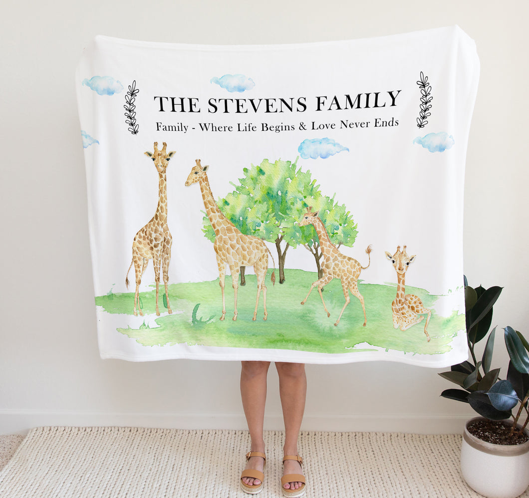 personalised fleece blanket, giraffe family, thoughtful keepsake co