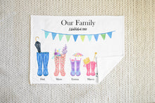 Load image into Gallery viewer, personalised fleece blanket, welly boot family, thoughtful keepsake co
